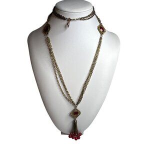 Vintage Gold Tone Multi Chain Necklace Red Glass Accents Tassel Pendant